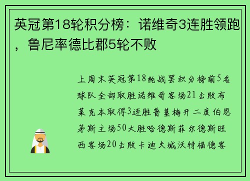 英冠第18轮积分榜：诺维奇3连胜领跑，鲁尼率德比郡5轮不败